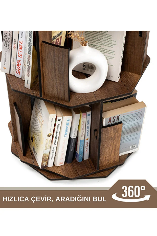 5 Katlı Döner Kitaplık | 360° Dönebilen, 100 Kitap Kapasiteli, Ceviz Renk